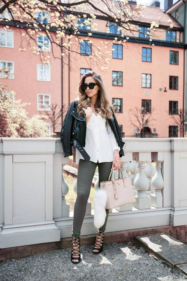 fashion woman leather jacket white shirt pants pumps
