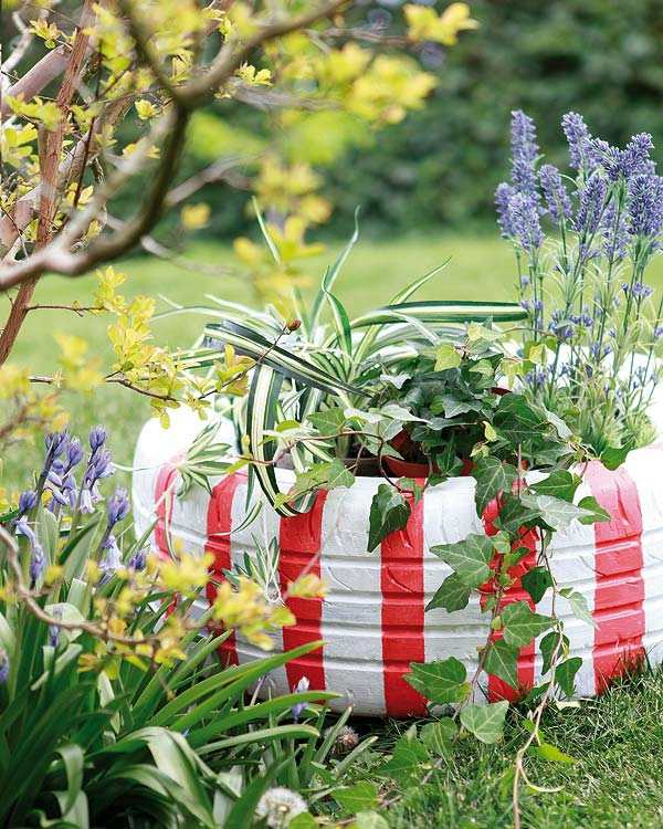 old tire decorates flower pot