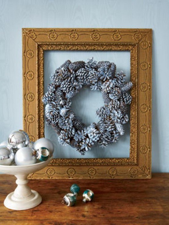 Christmas wreath in blue framed family party atmosphere