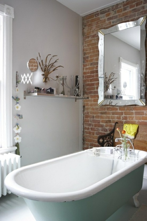 view white bathtub wall bricks