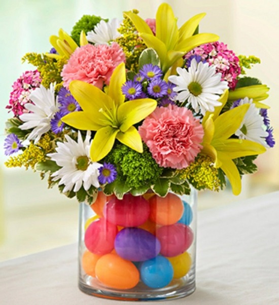 view of different flowers bouquet eggs decoration