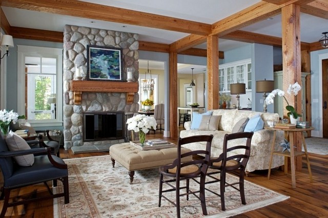 simple living room stone fireplace view