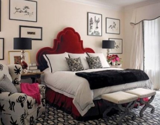 view bedding comfortable headboard red bed bedroom