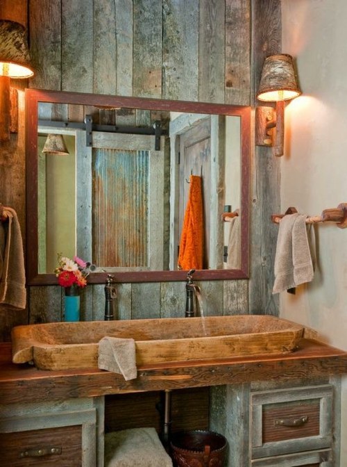 view wall washbasin wood rustic bathroom