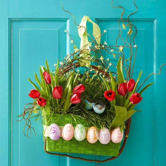 blue door view original decoration spring tulips red