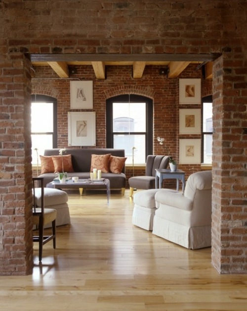 view living room floor wood walls bricks