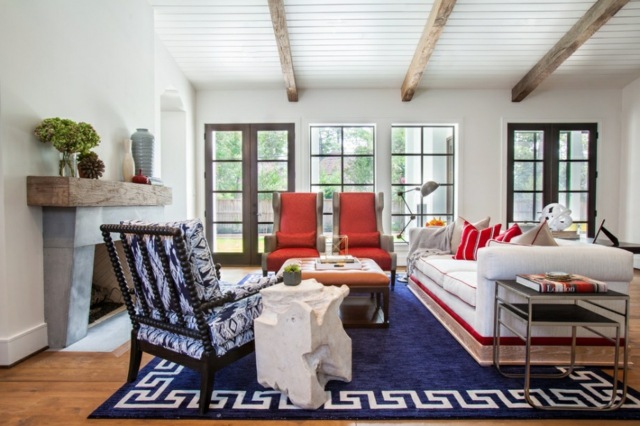 blue carpet wood accents living room view