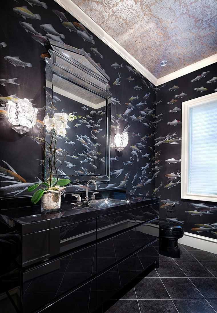 bathroom idea wallpaper dolphins black furniture deco