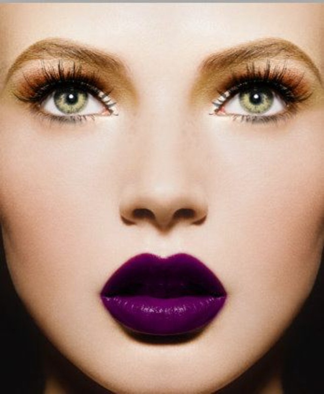 makeup eyes blue green intense color purple lipstick